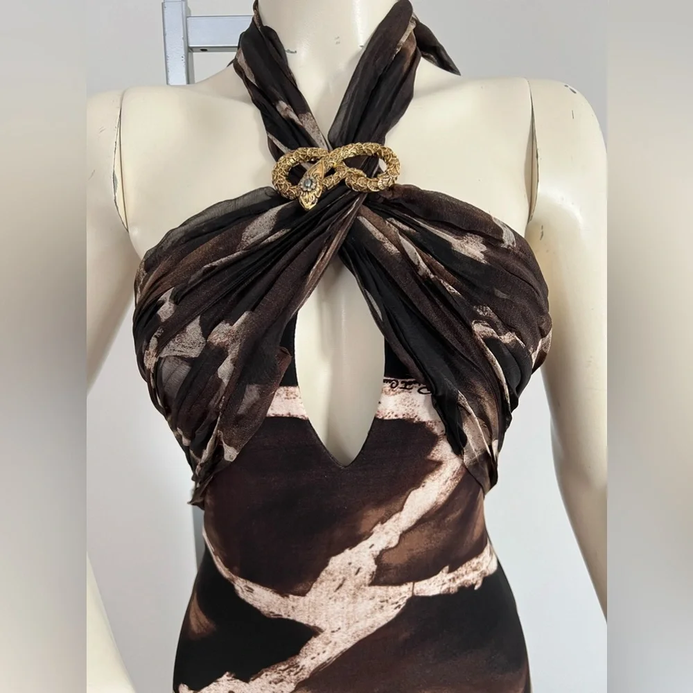 Roberto Cavalli Silk Animal Print Halter Gown with Snake Brooch – Size XS - Picture 4 of 17